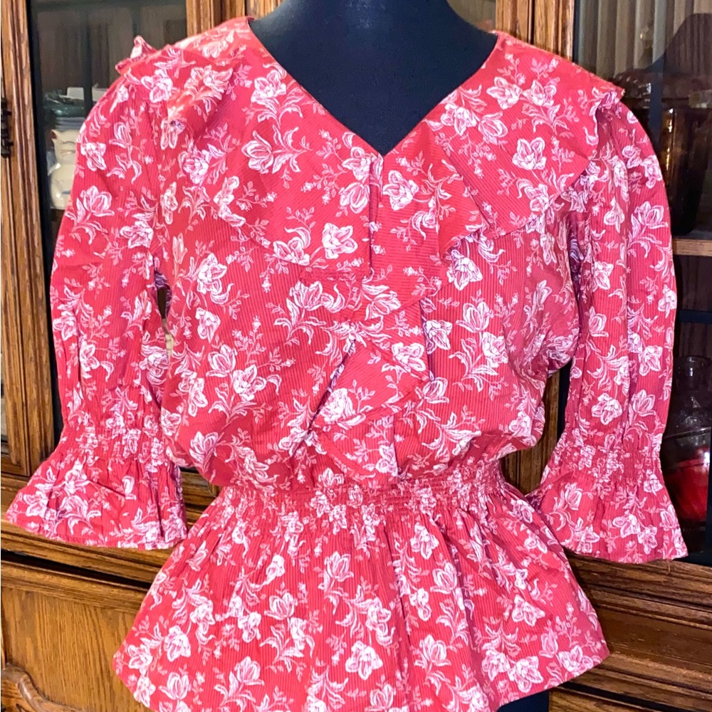 NWT Ralph Lauren Red+White Cotton Peasant Blouse Sz S Peplum